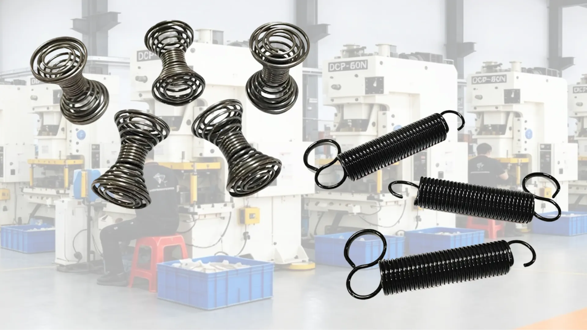 Compression spring vs extension spring comparison showing coil spacing, end types, and push versus pull force direction