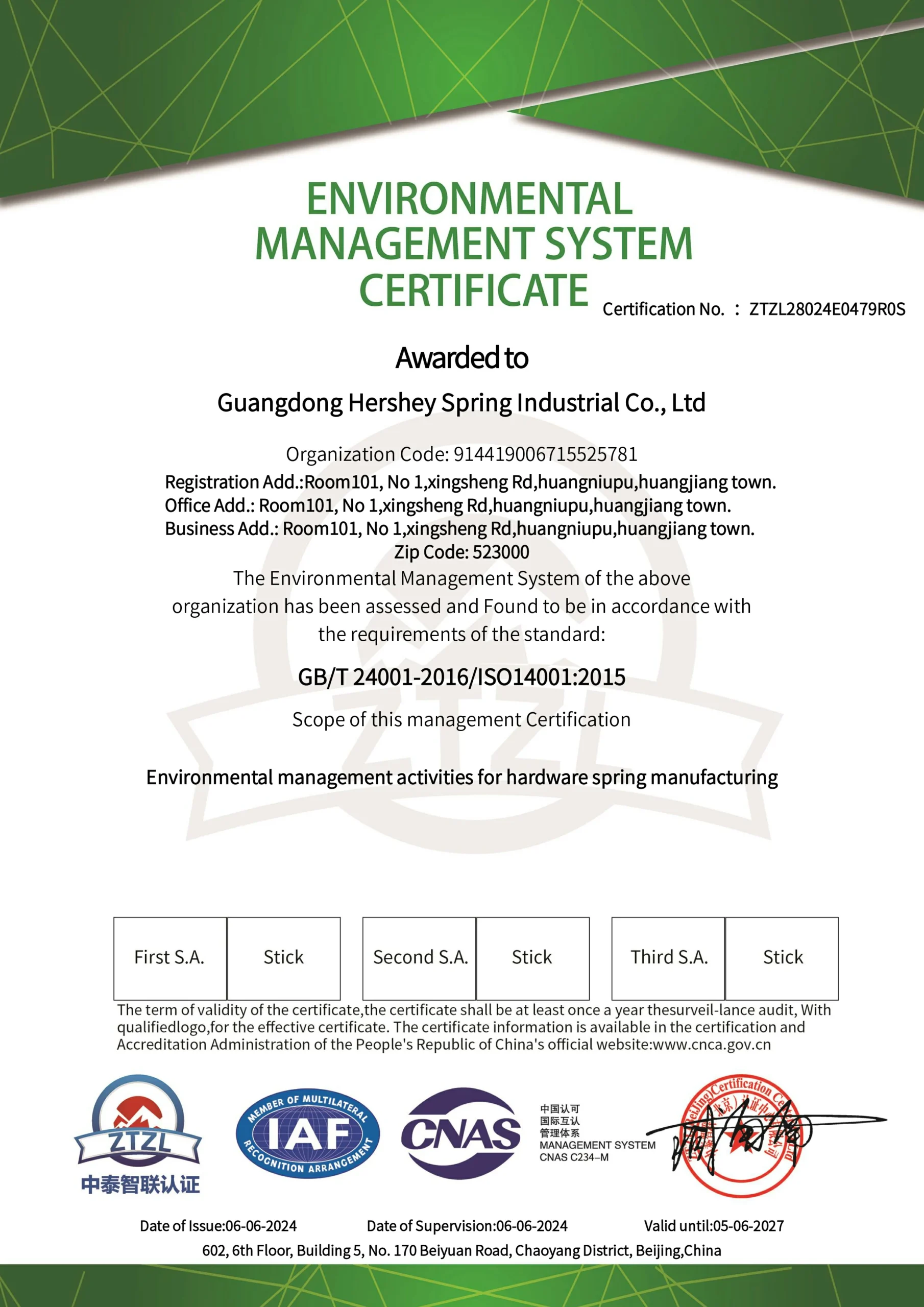 Management System Certification Certificate --- Featuring CNAS Mark